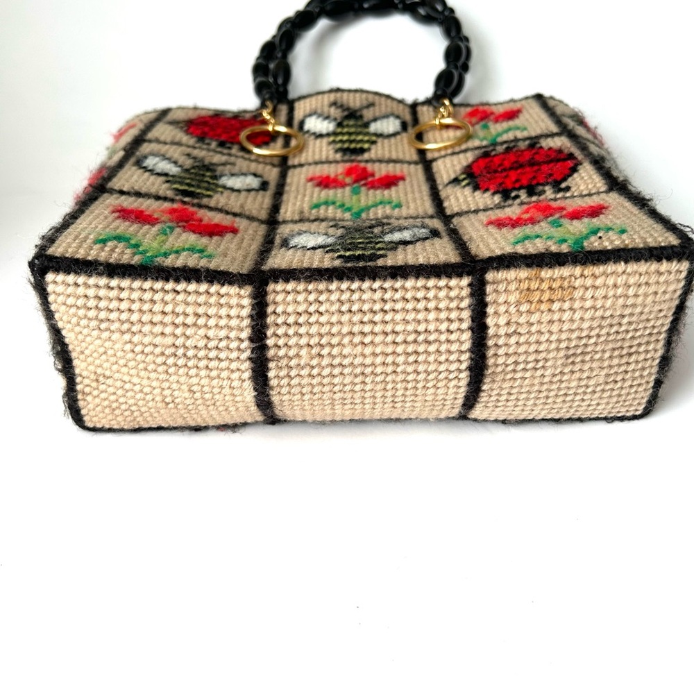 Vintage 1970’s Needlepoint Square Handbag Beaded Straps Bees Ladybug Floral - Picture 2 of 9